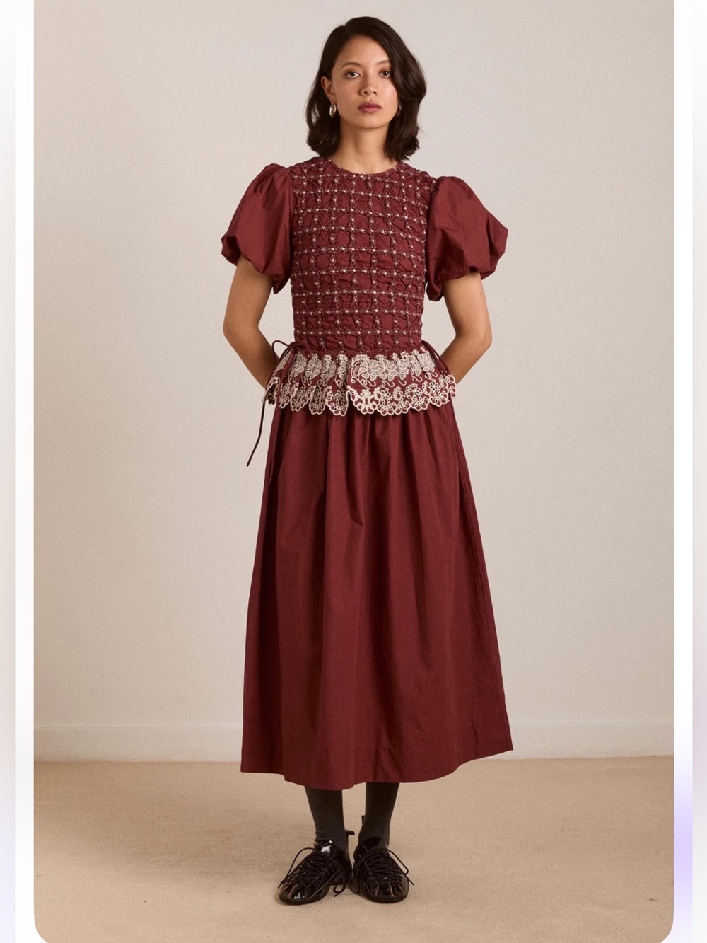 Damson Madder Smocked Puff Sleeve Midi Dress with Lace Peplum in Burgundy